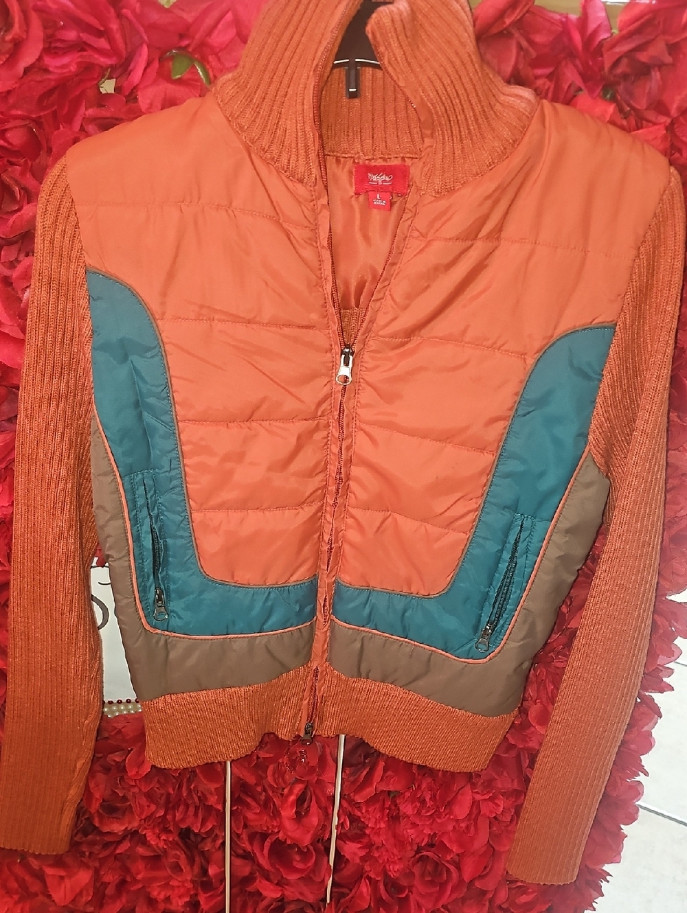 Mossimo Supply Co. Orange Quilted Bomber Jacket with Teal & Brown Large